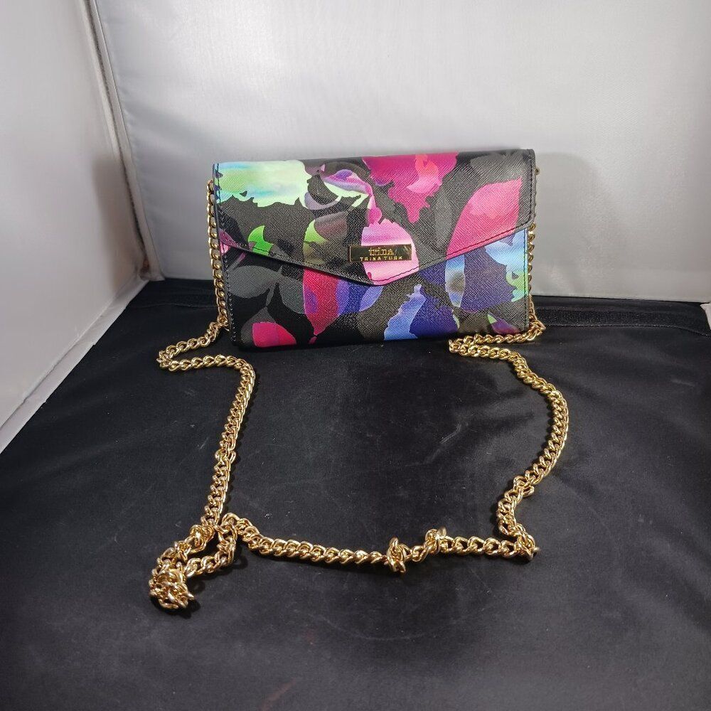TRINA TURK Black/Watercolor Pattern Gold Chain Crossbody Purse/Wallet